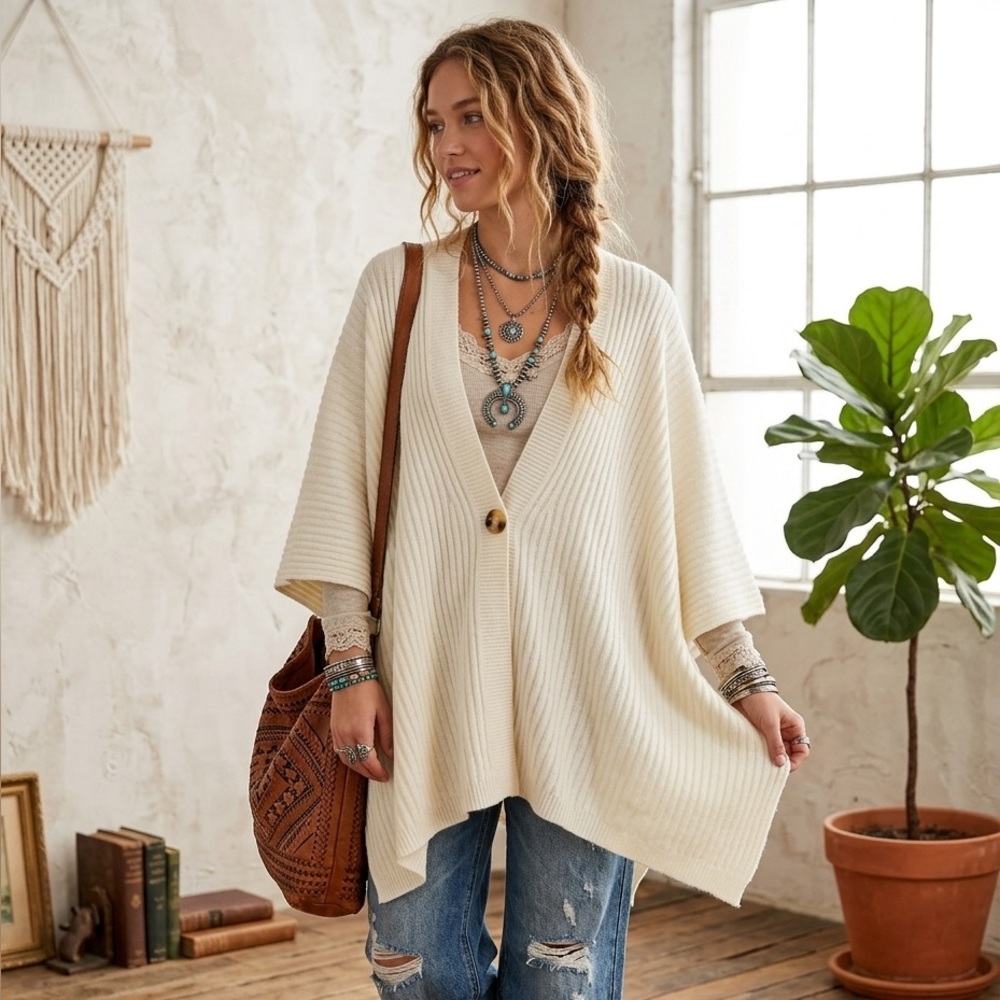 NWT Time and Tru Soft Cream Ribbed Knit Button Poncho Shawl OS